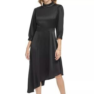 Karl Lagerfeld Black Satin Crystal Embellished Asymmetrical Midi Dress NWT Sz 12